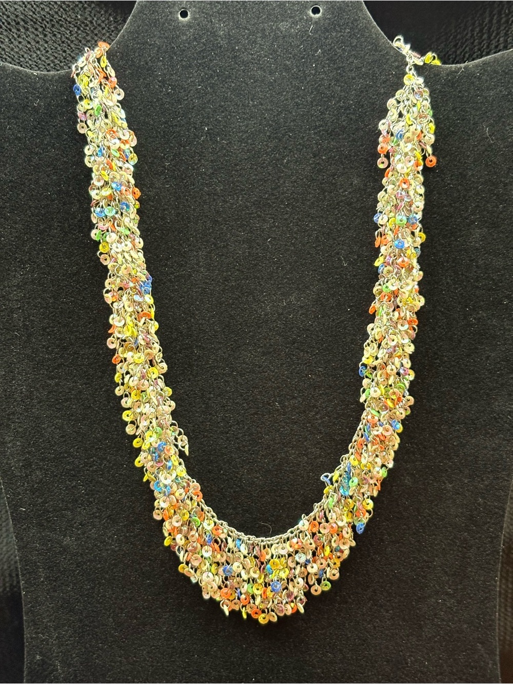 Multicolor Iridescent Sequin Fringe Statement Necklace Silver Tone